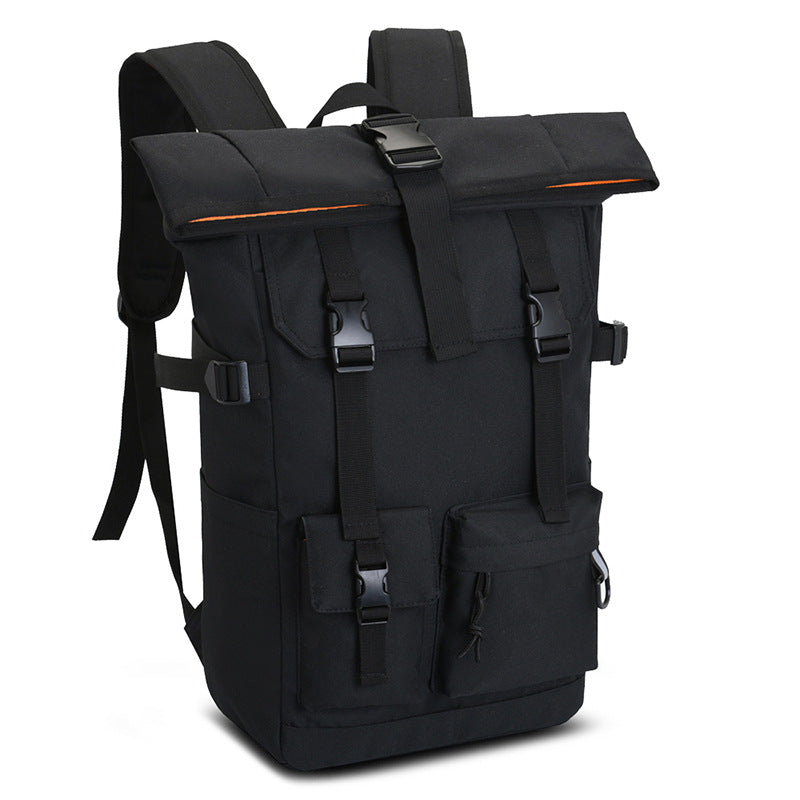 Black and burgundy roll-top backpack with buckle straps, front zip pockets and padded shoulder straps