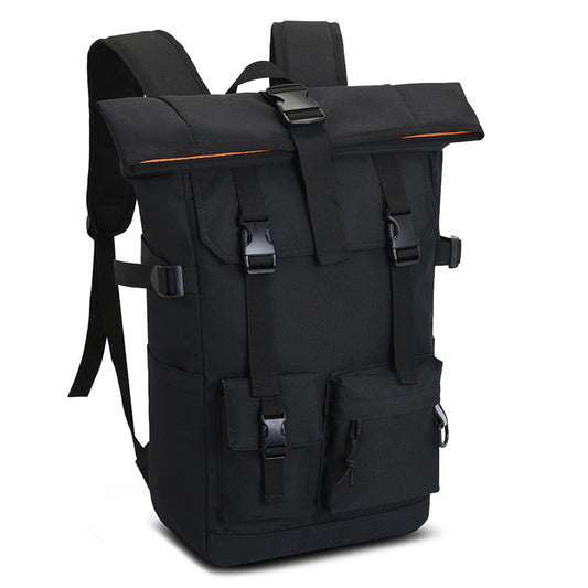 Black and burgundy roll-top backpack with buckle straps, front zip pockets and padded shoulder straps