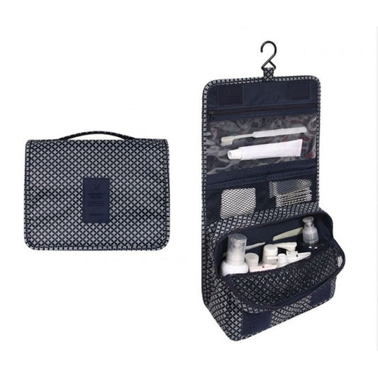Hanging toiletry case shown folded and open with hook, clear liquids pocket and mesh compartments