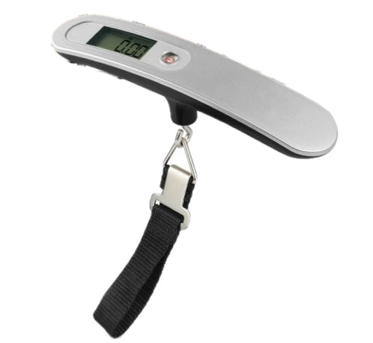 Silver digital luggage scale with black webbing strap and metal hook, display showing zero